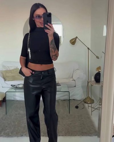 Штани вільного крою з еко-шкіри на замші